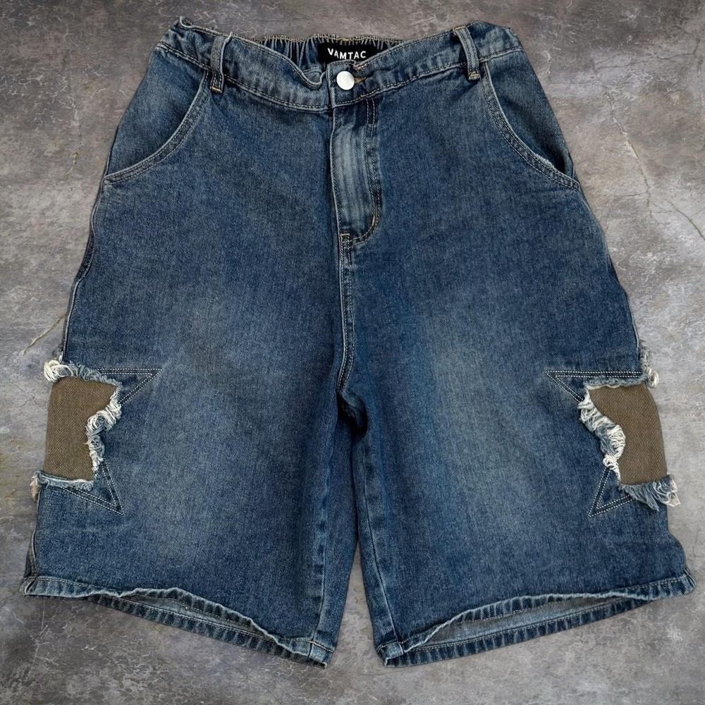 Vamtac Distressed Embroidered Star Baggy Wide Leg Jorts Adult Medium Elastic